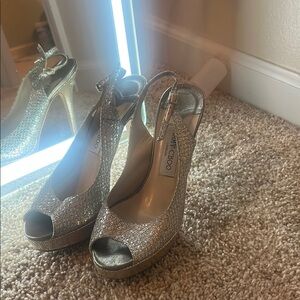 Jimmy Choo Silver Glitter Peep Toe Heels